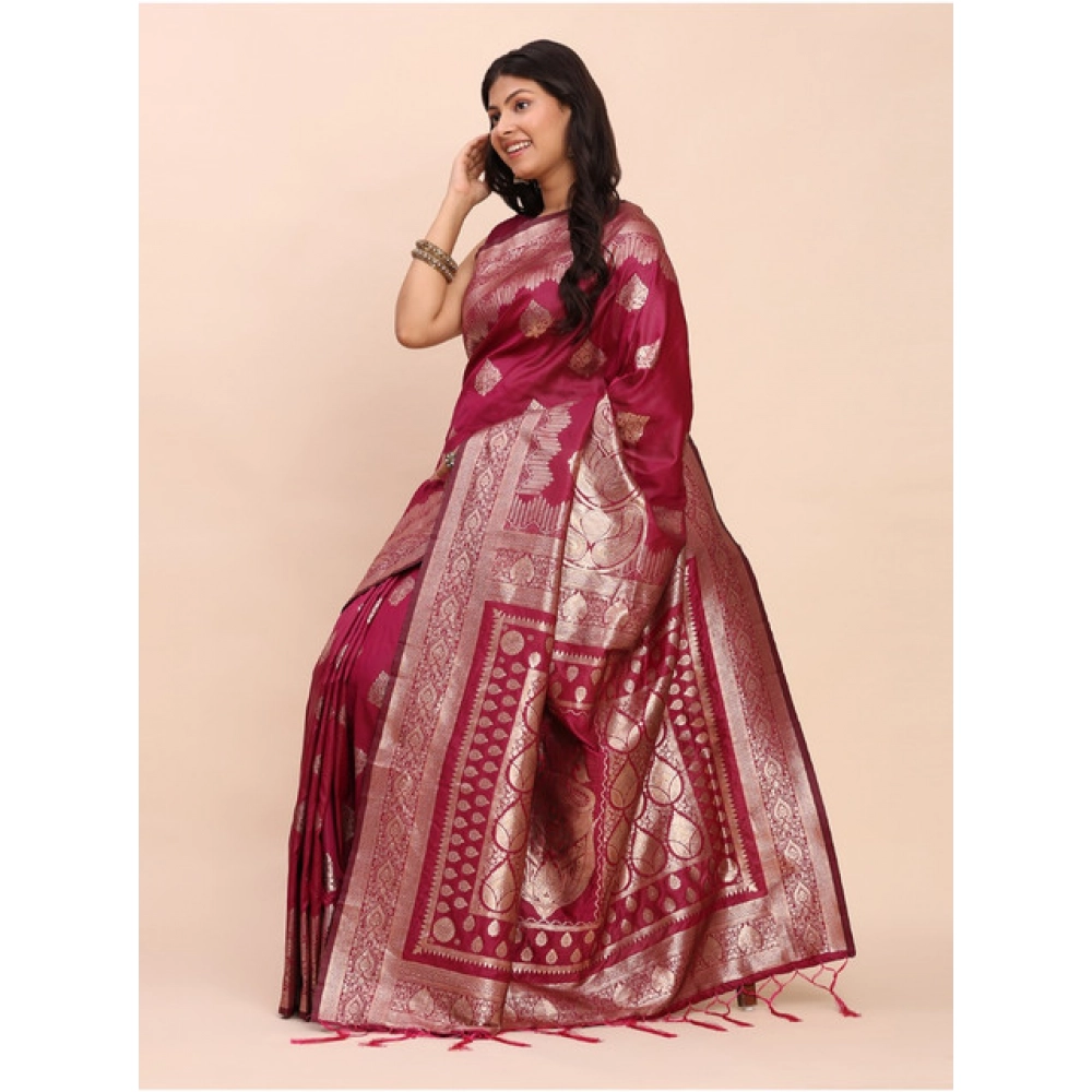 Generic Women's Banarasi Silk Printed Saree With Unstitched Blouse 5.5Mtr (Magenta) - Image 3