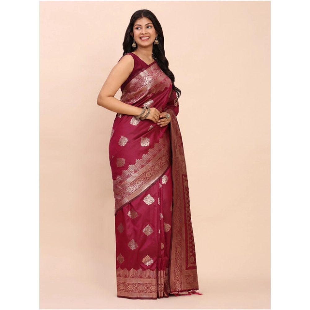 Generic Women's Banarasi Silk Printed Saree With Unstitched Blouse 5.5Mtr (Magenta) - Image 2