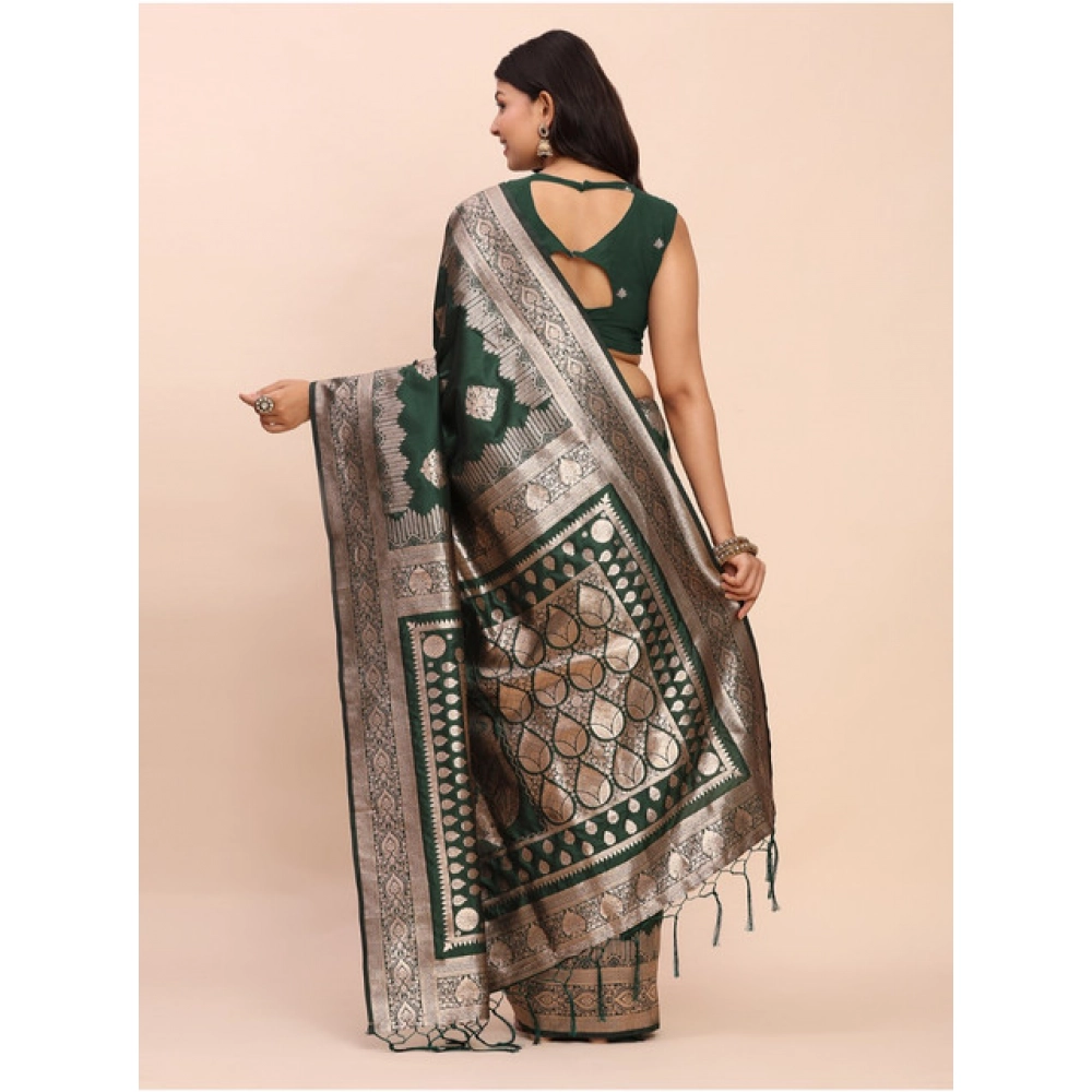 Generic Women's Banarasi Silk Printed Saree With Unstitched Blouse 5.5Mtr (Green) - Image 4