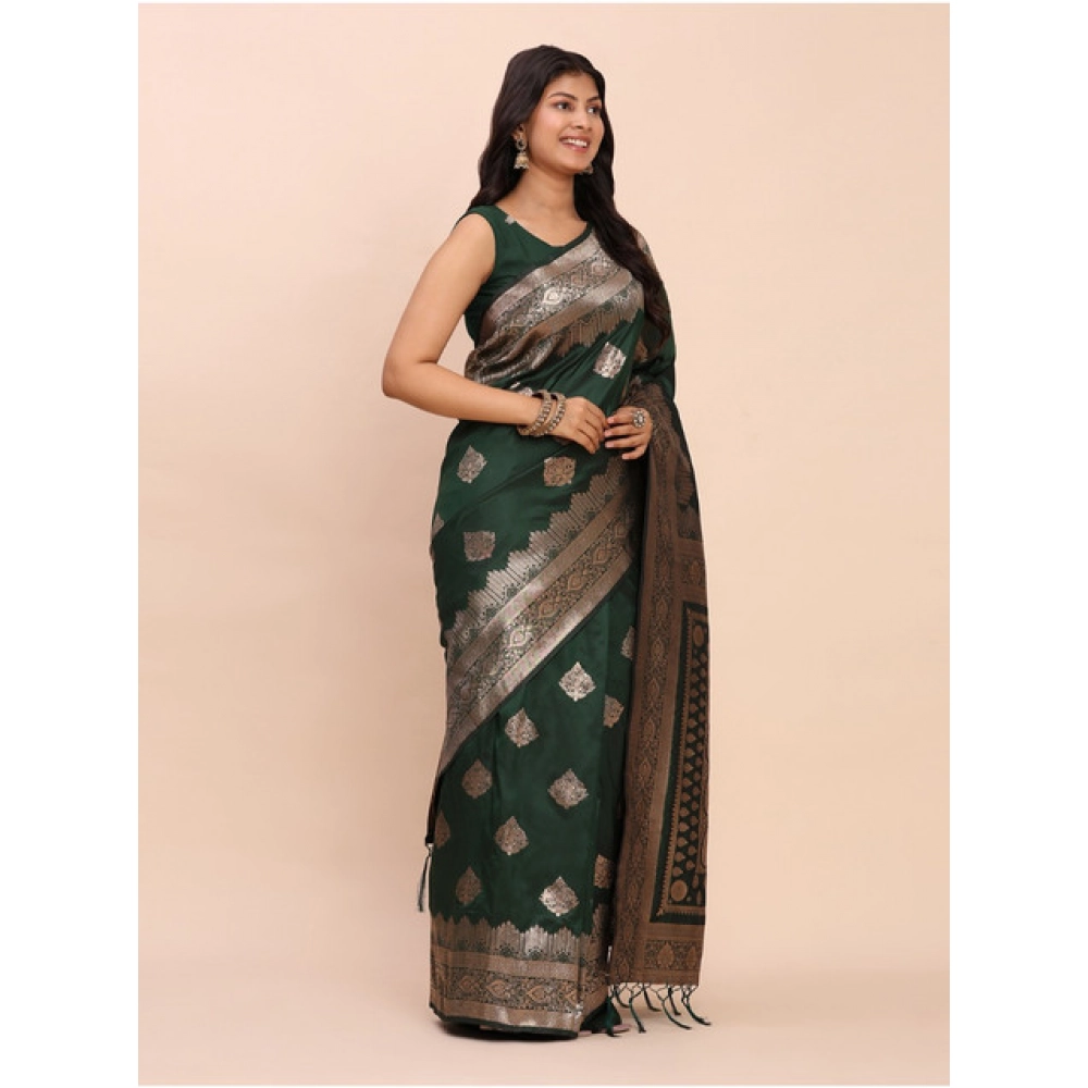 Generic Women's Banarasi Silk Printed Saree With Unstitched Blouse 5.5Mtr (Green) - Image 3