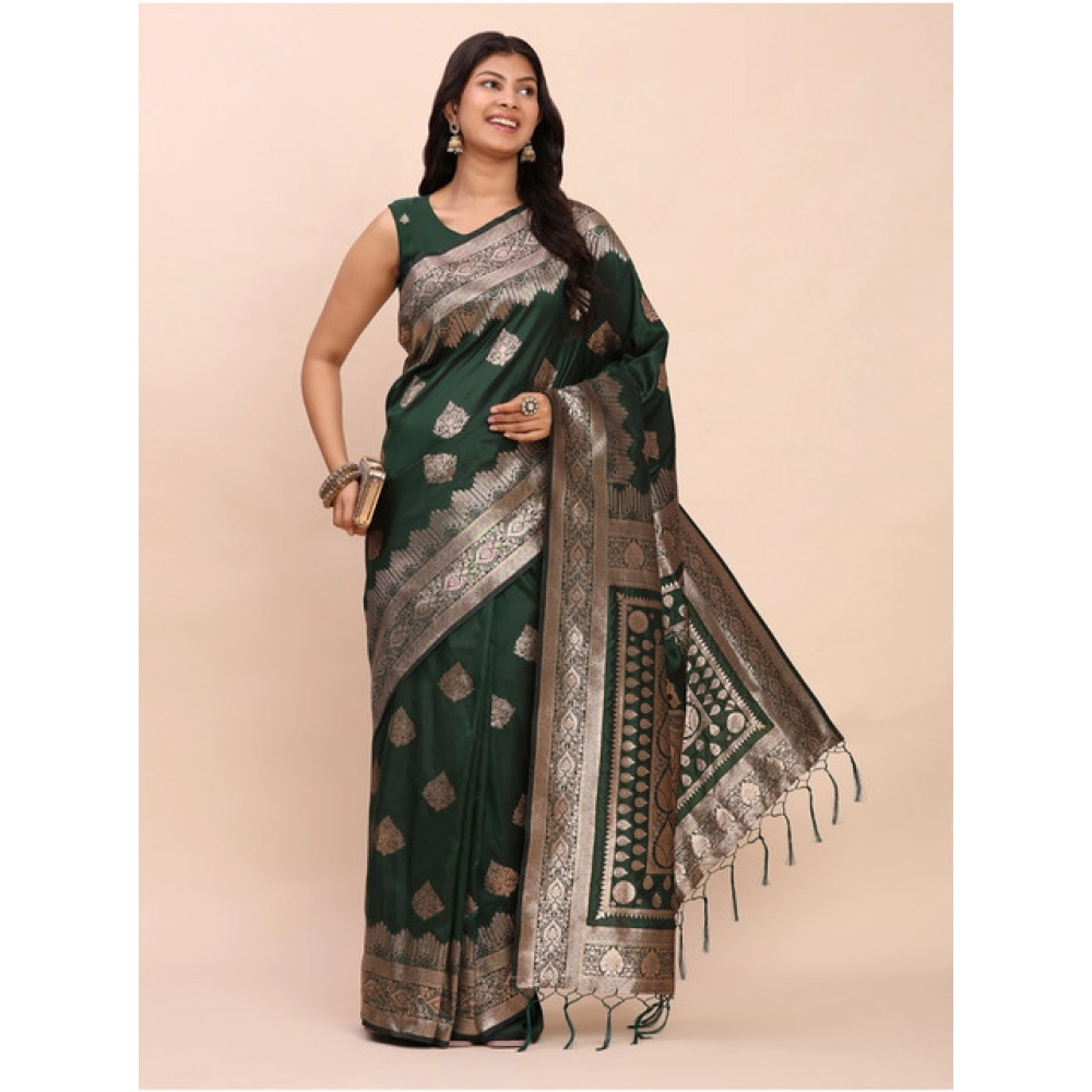 Generic Women's Banarasi Silk Printed Saree With Unstitched Blouse 5.5Mtr (Green) - Image 2