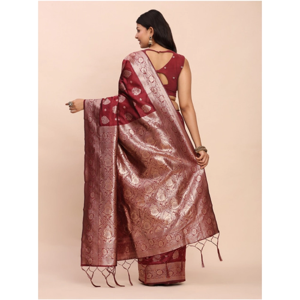 Generic Women's Banarasi Silk Printed Saree With Unstitched Blouse 5.5Mtr (Maroon) - Image 4