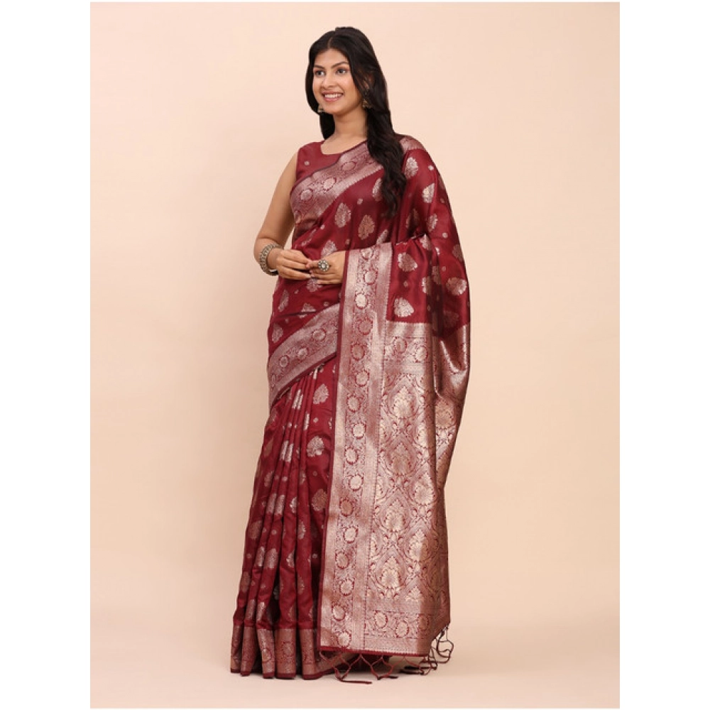 Generic Women's Banarasi Silk Printed Saree With Unstitched Blouse 5.5Mtr (Maroon) - Image 3