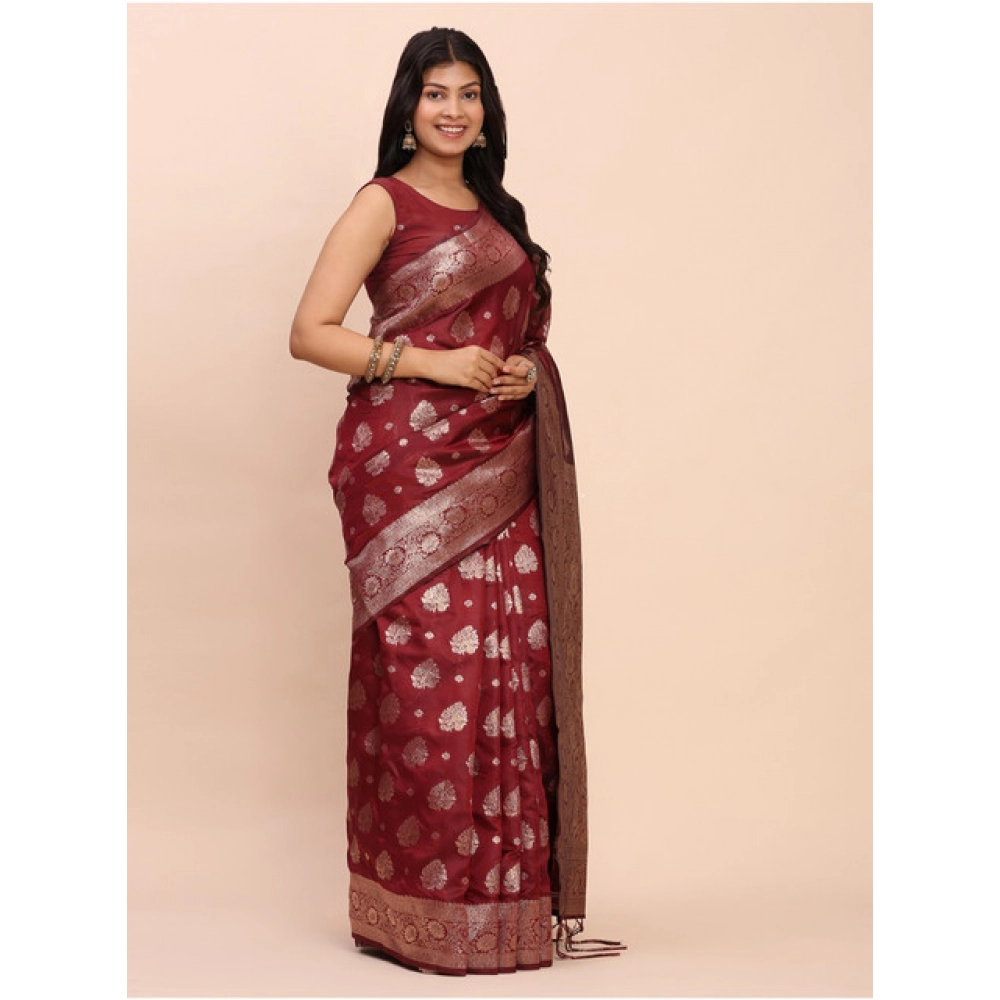 Generic Women's Banarasi Silk Printed Saree With Unstitched Blouse 5.5Mtr (Maroon) - Image 2