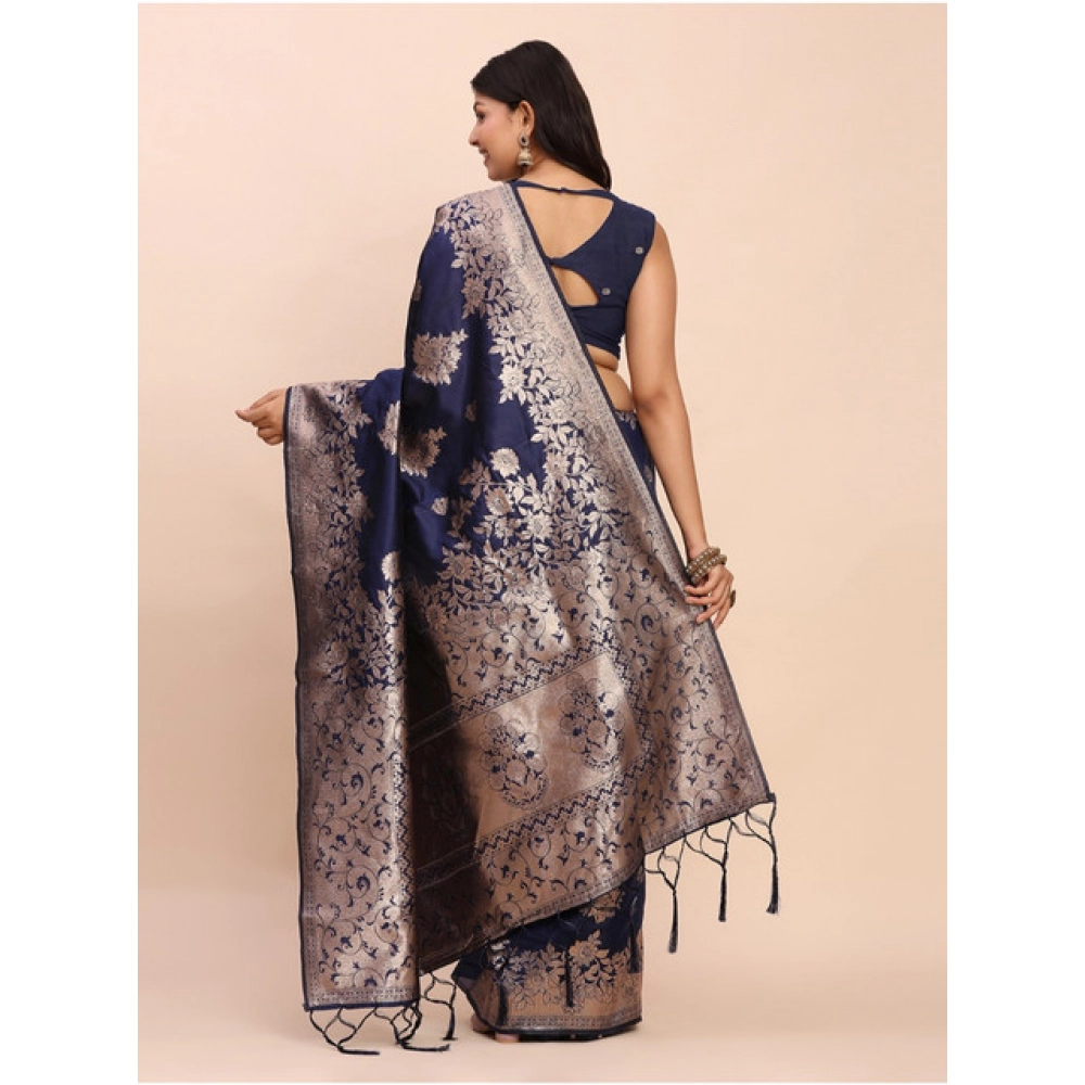 Generic Women's Banarasi Silk Printed Saree With Unstitched Blouse 5.5Mtr (Navy Blue) - Image 4