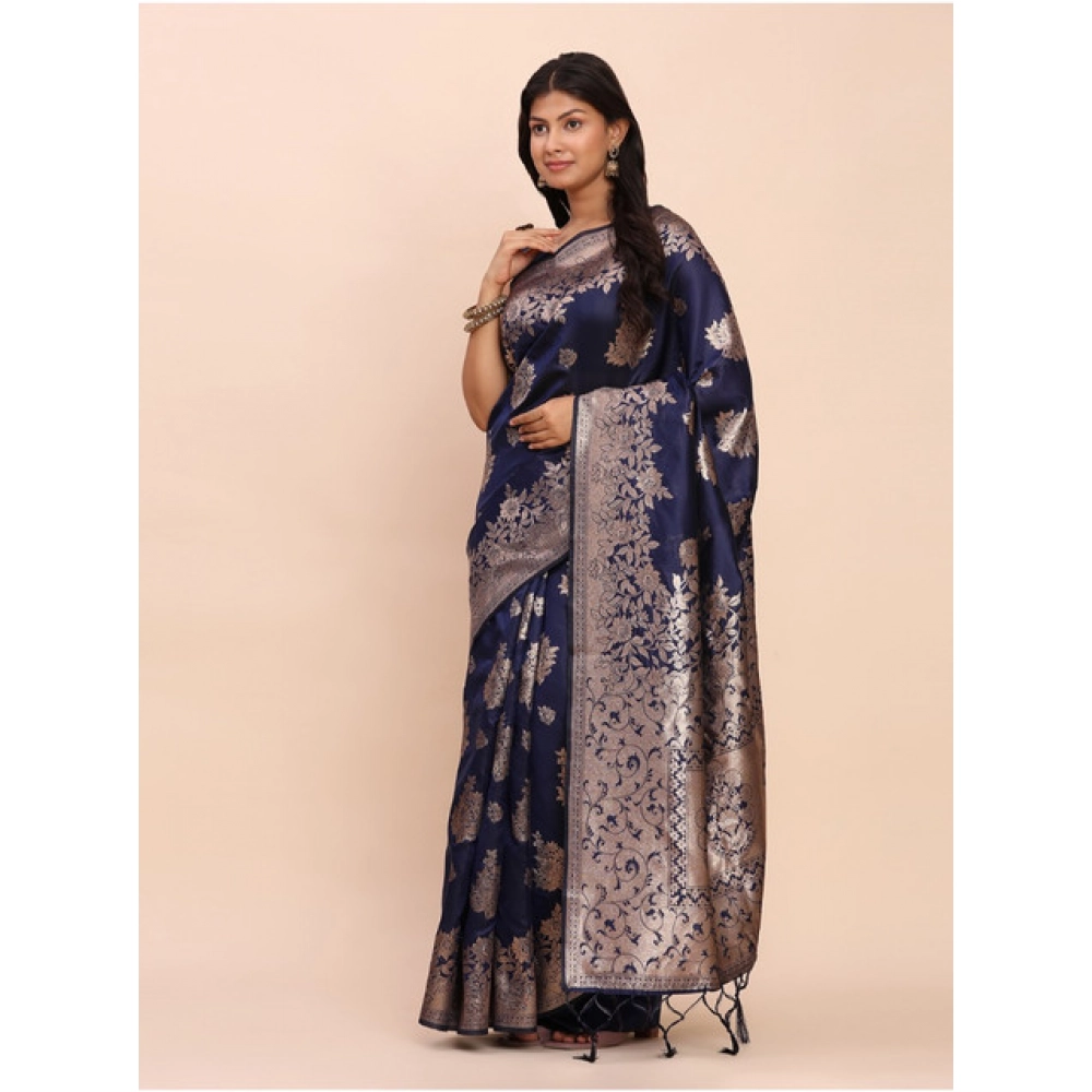Generic Women's Banarasi Silk Printed Saree With Unstitched Blouse 5.5Mtr (Navy Blue) - Image 3