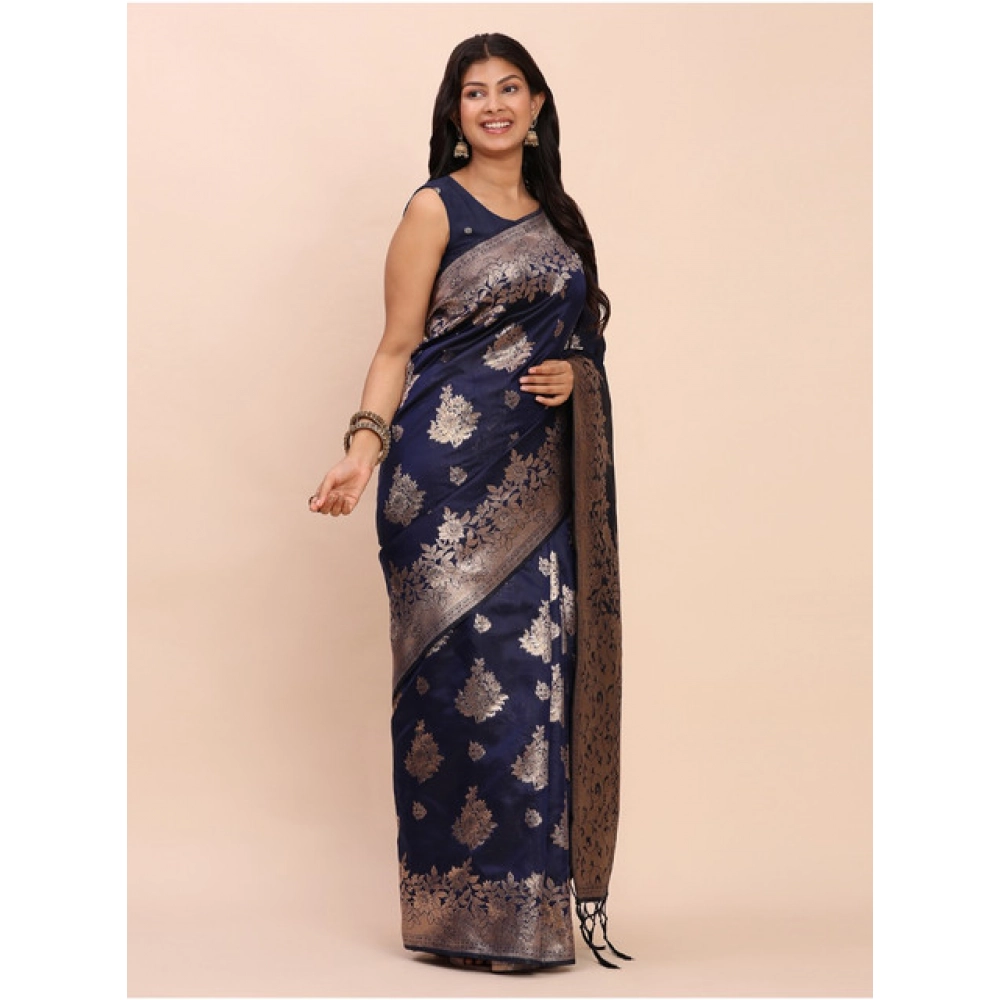 Generic Women's Banarasi Silk Printed Saree With Unstitched Blouse 5.5Mtr (Navy Blue) - Image 2
