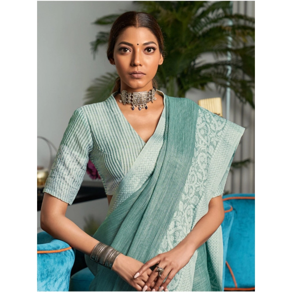 Generic Women's Linen Printed Saree With Unstitched Blouse 5.5Mtr (Sea Green) - Image 3