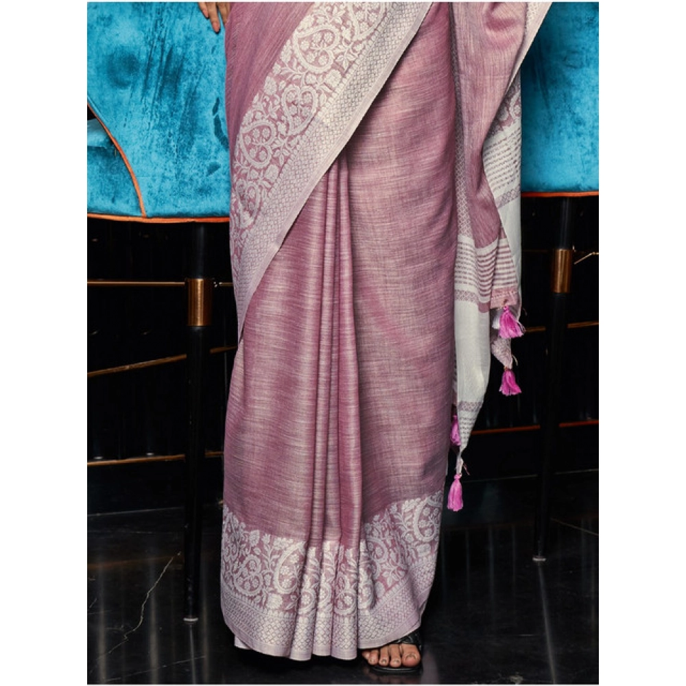 Generic Women's Linen Printed Saree With Unstitched Blouse 5.5Mtr (Purple) - Image 3