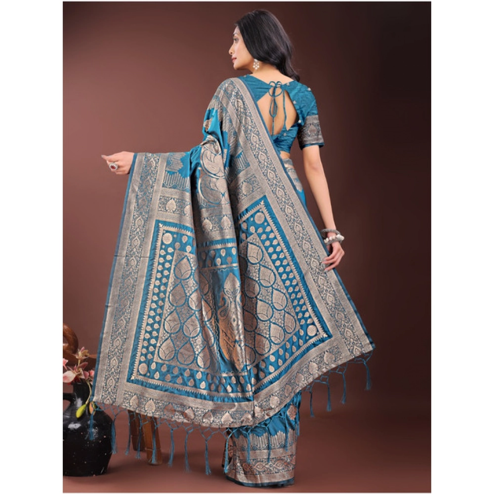 Generic Women's Silk Printed Saree With Unstitched Blouse 5.5Mtr (Teal) - Image 4