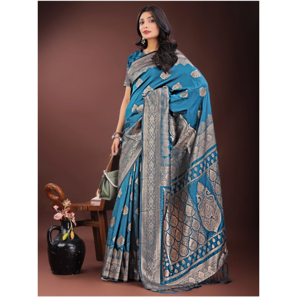 Generic Women's Silk Printed Saree With Unstitched Blouse 5.5Mtr (Teal) - Image 3