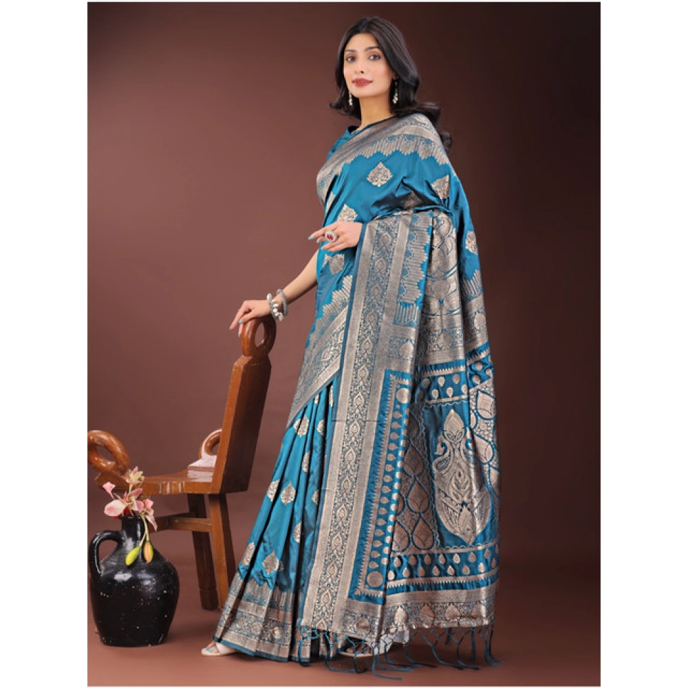 Generic Women's Silk Printed Saree With Unstitched Blouse 5.5Mtr (Teal) - Image 2
