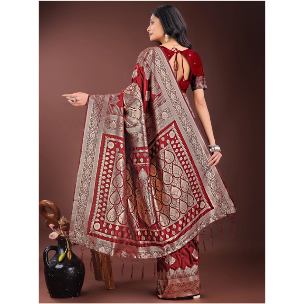Generic Women's Silk Printed Saree With Unstitched Blouse 5.5Mtr (Maroon) - Image 4