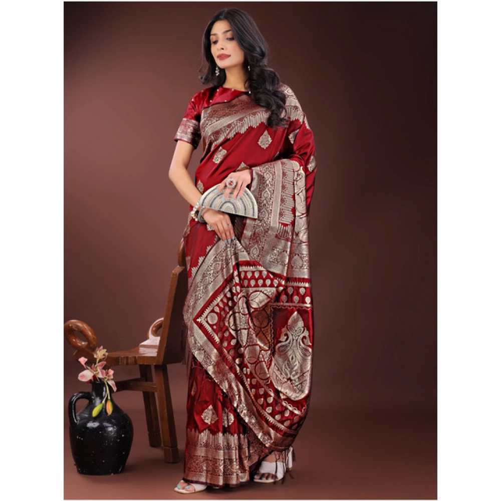 Generic Women's Silk Printed Saree With Unstitched Blouse 5.5Mtr (Maroon) - Image 3
