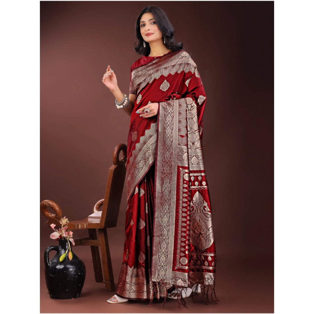 Generic Women's Silk Printed Saree With Unstitched Blouse 5.5Mtr (Maroon) - Image 2