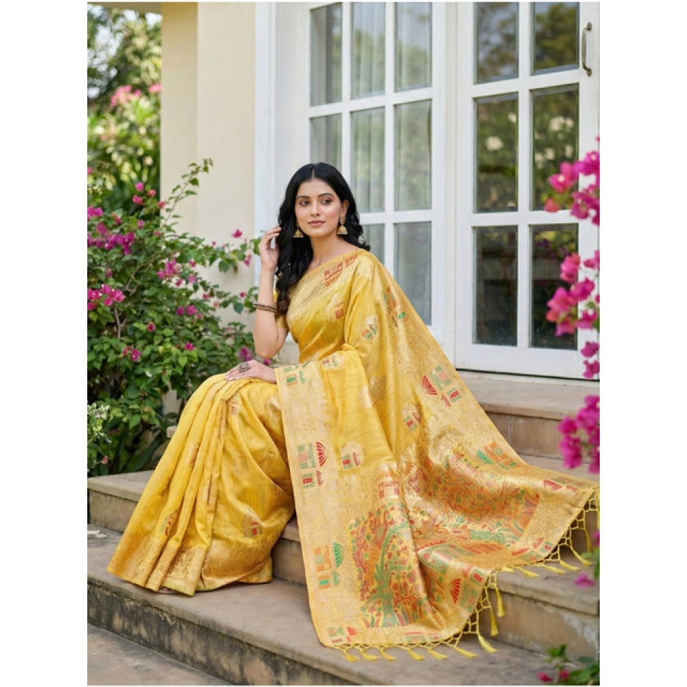 Generic Women's Linen Cotton Printed Saree With Unstitched Blouse 5.5Mtr (Yellow) - Image 2