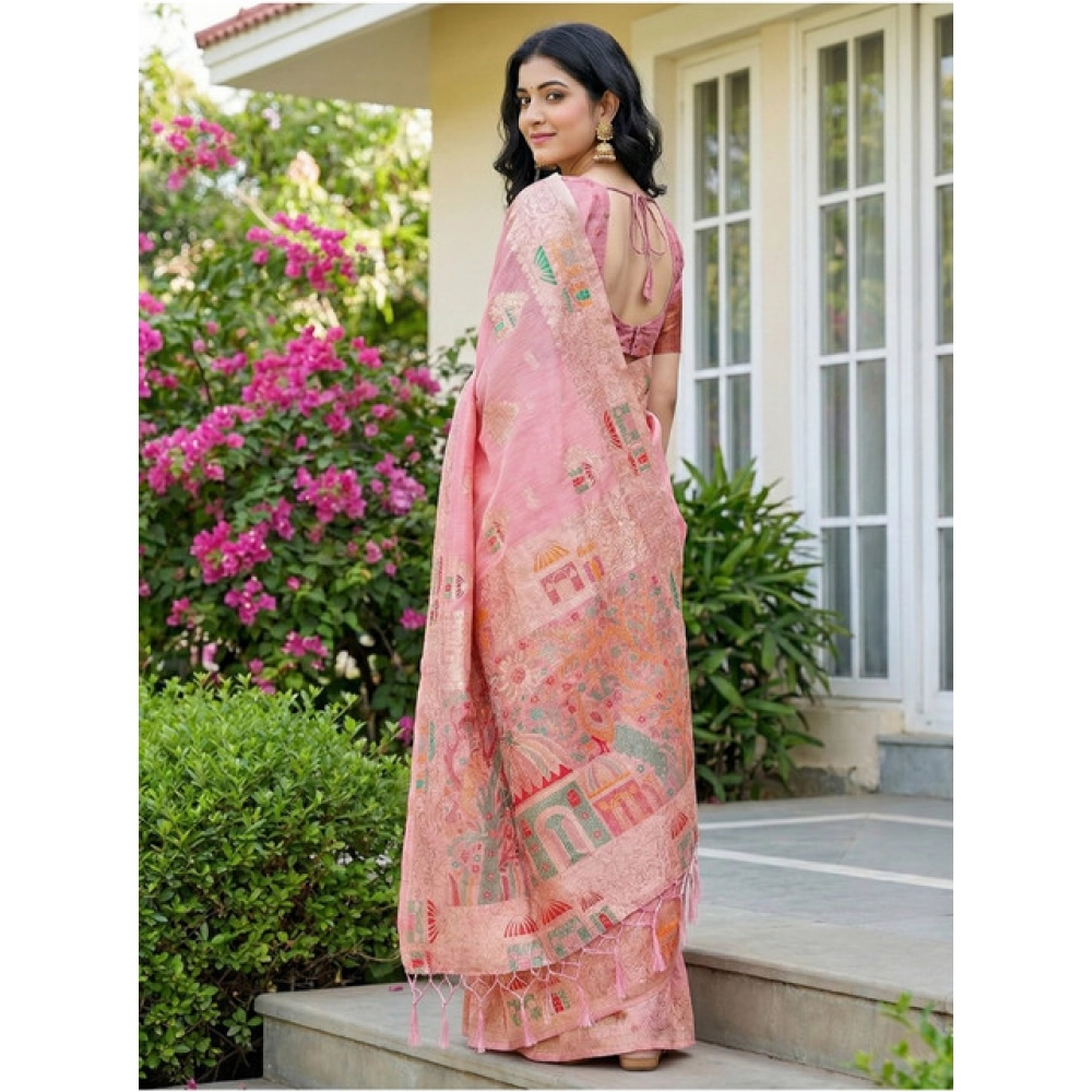Generic Women's Linen Cotton Printed Saree With Unstitched Blouse 5.5Mtr (Pink) - Image 4