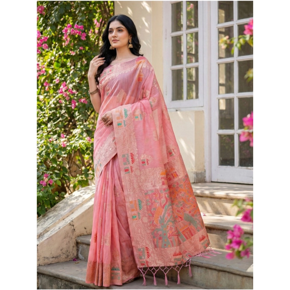 Generic Women's Linen Cotton Printed Saree With Unstitched Blouse 5.5Mtr (Pink) - Image 3