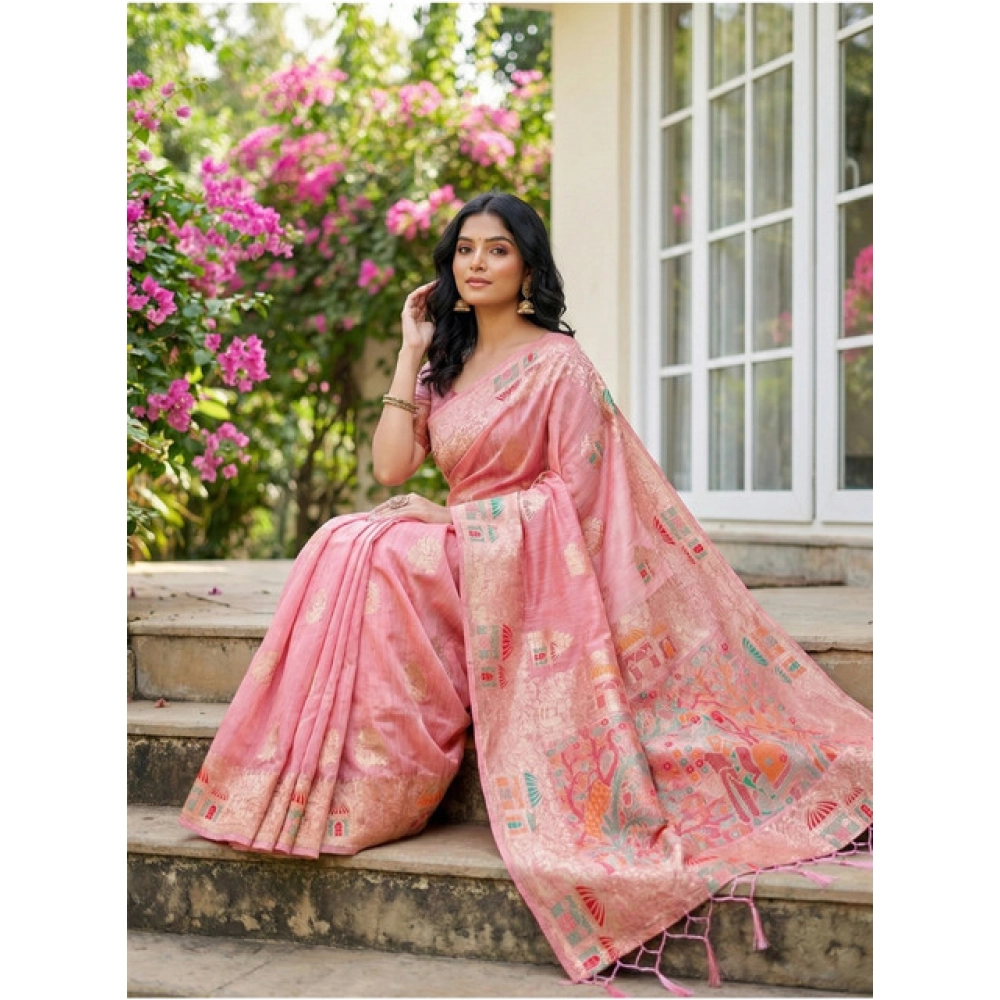 Generic Women's Linen Cotton Printed Saree With Unstitched Blouse 5.5Mtr (Pink) - Image 2