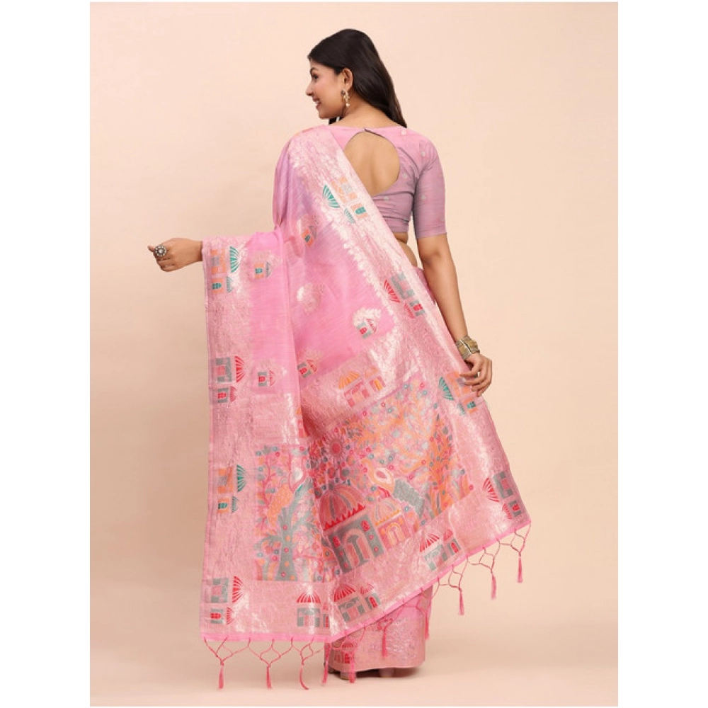 Generic Women's Linen Cotton Printed Saree With Unstitched Blouse 5.5Mtr (Pink) - Image 4