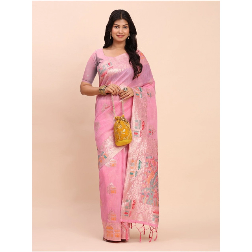 Generic Women's Linen Cotton Printed Saree With Unstitched Blouse 5.5Mtr (Pink) - Image 3
