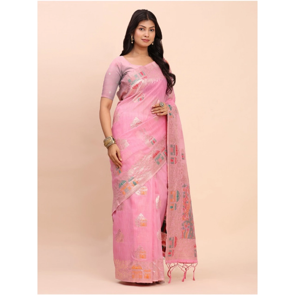 Generic Women's Linen Cotton Printed Saree With Unstitched Blouse 5.5Mtr (Pink) - Image 2