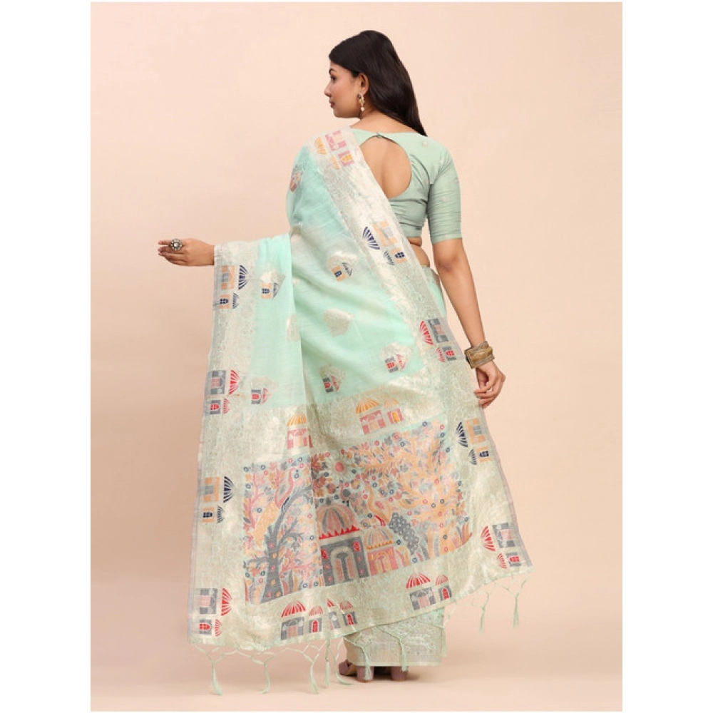 Generic Women's Linen Cotton Printed Saree With Unstitched Blouse 5.5Mtr (Sea Green) - Image 4