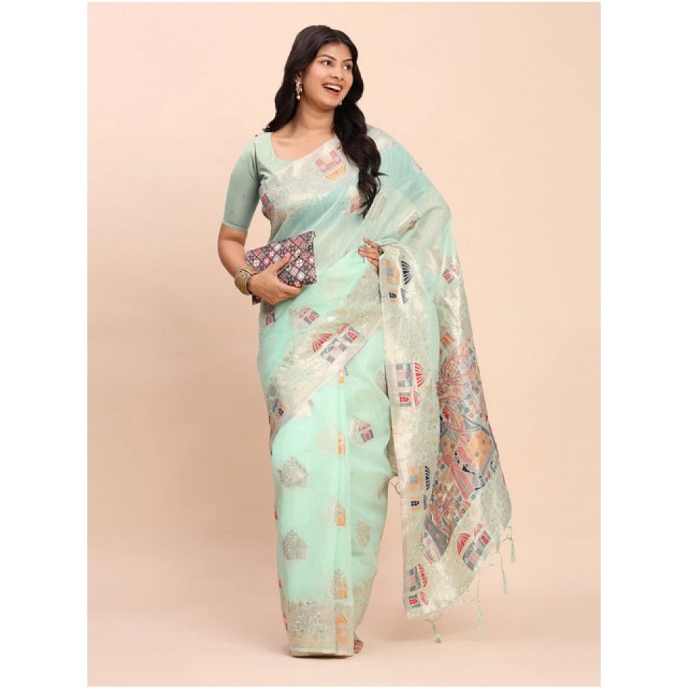 Generic Women's Linen Cotton Printed Saree With Unstitched Blouse 5.5Mtr (Sea Green) - Image 3