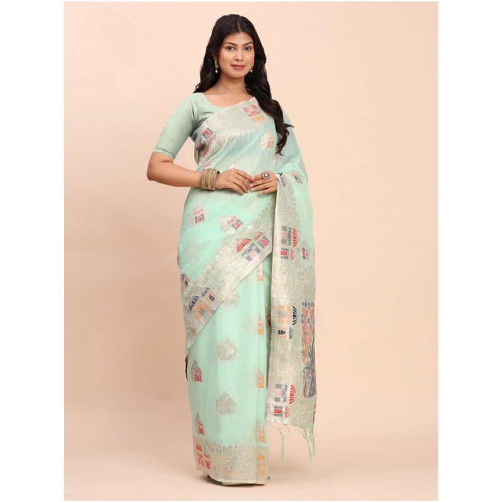 Generic Women's Linen Cotton Printed Saree With Unstitched Blouse 5.5Mtr (Sea Green) - Image 2