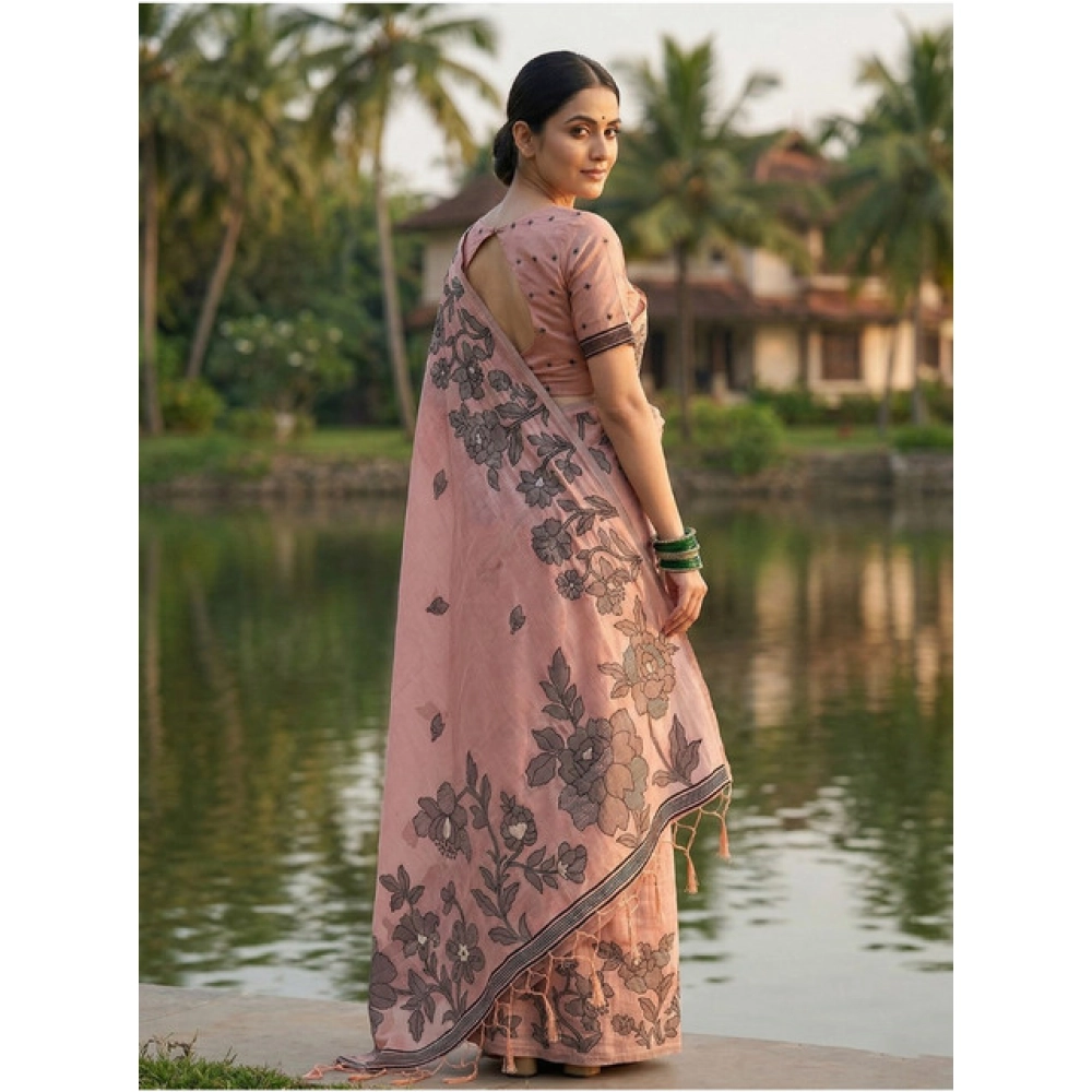 Generic Women's Linen Cotton Printed Saree With Unstitched Blouse 5.5Mtr (Peach) - Image 3