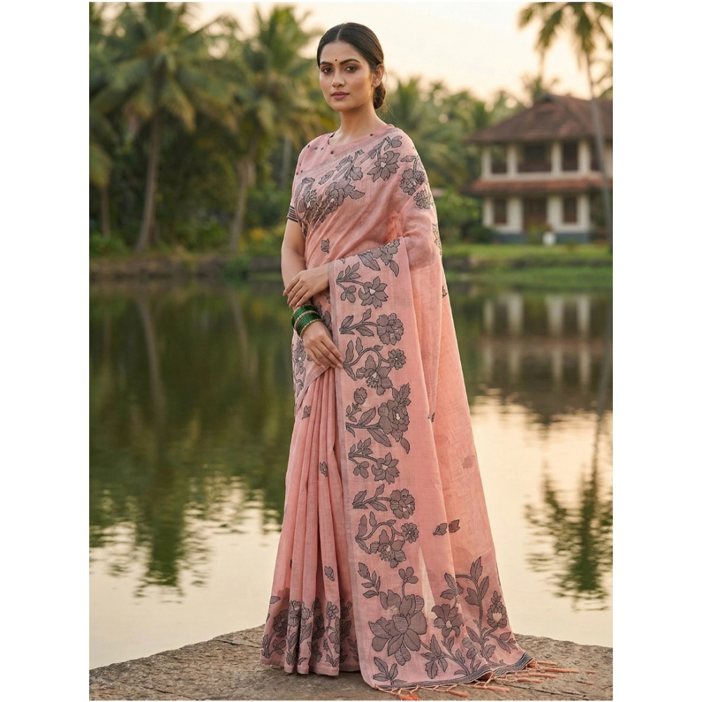Generic Women's Linen Cotton Printed Saree With Unstitched Blouse 5.5Mtr (Peach) - Image 2