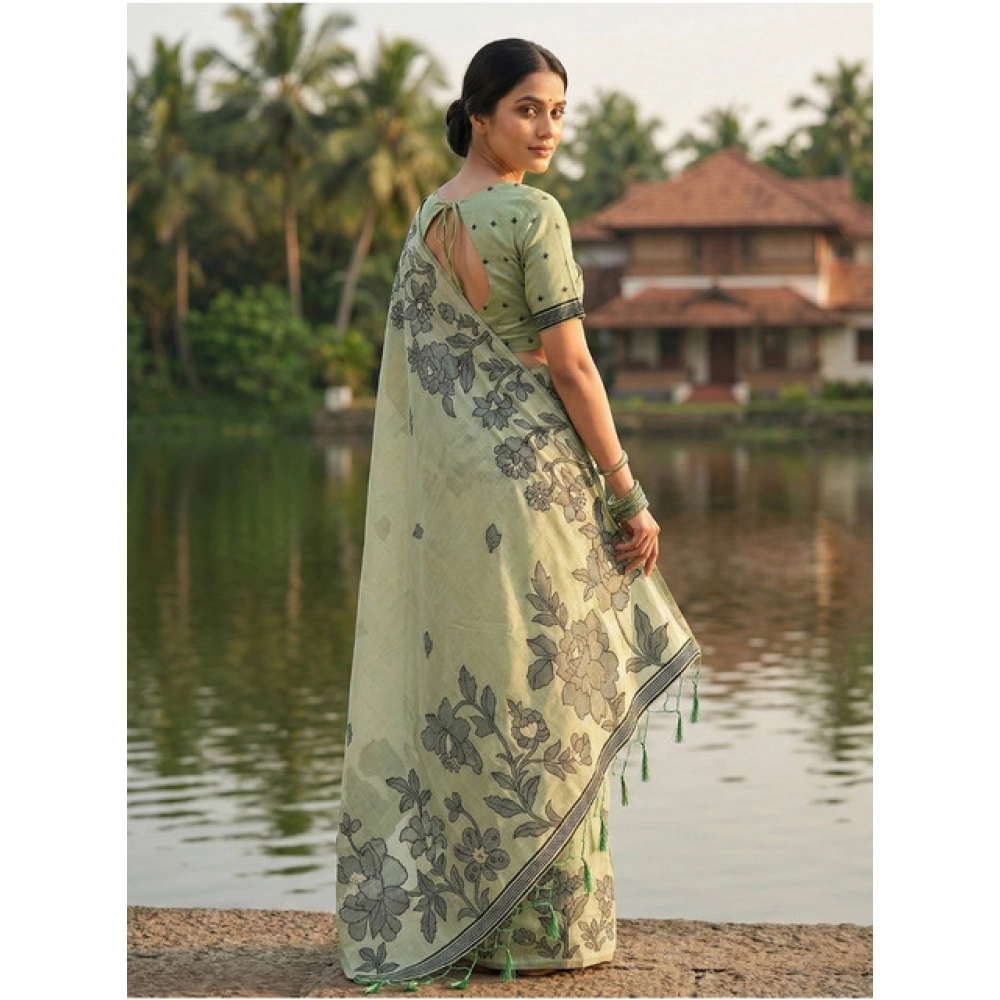 Generic Women's Linen Cotton Printed Saree With Unstitched Blouse 5.5Mtr (Light Green) - Image 3