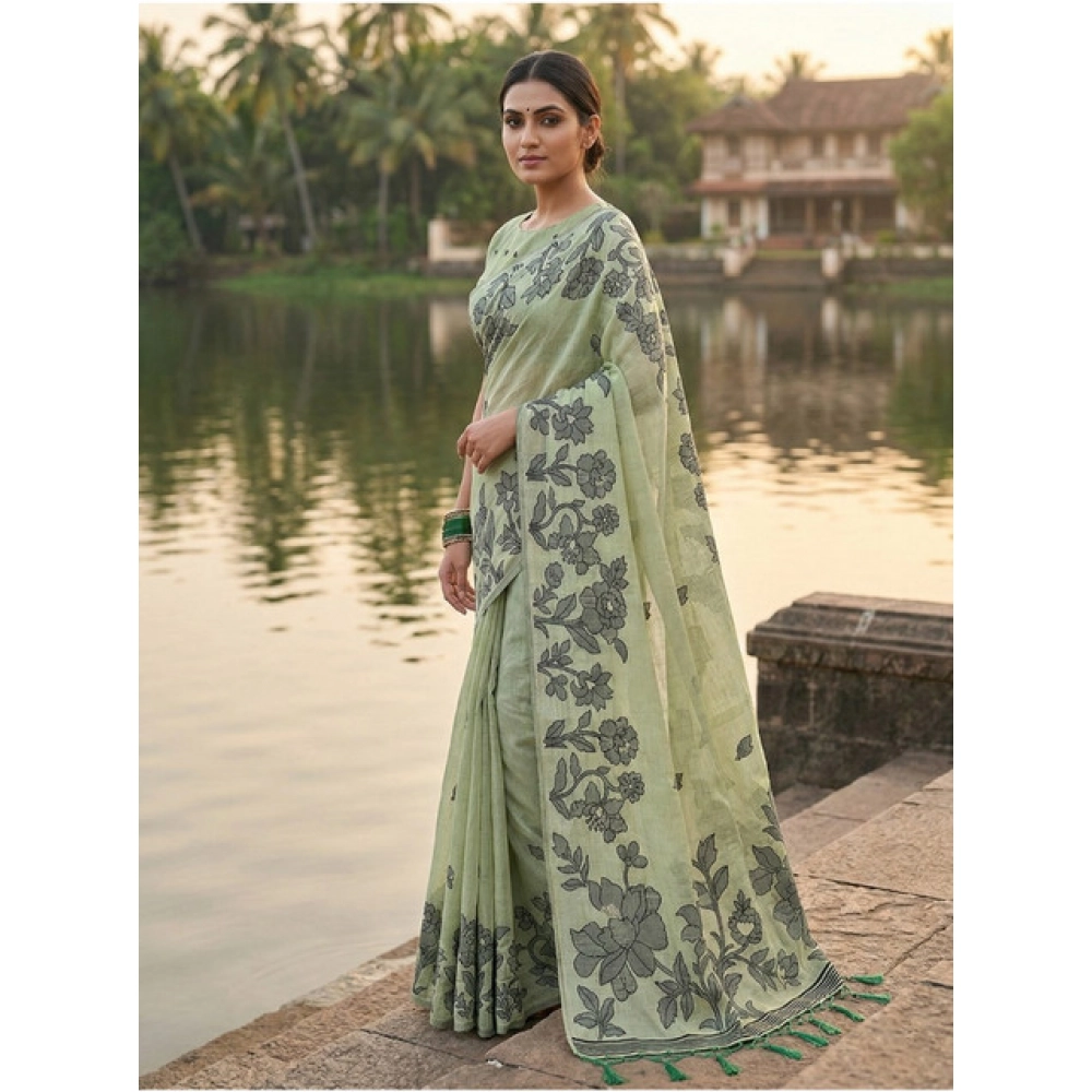 Generic Women's Linen Cotton Printed Saree With Unstitched Blouse 5.5Mtr (Light Green) - Image 2