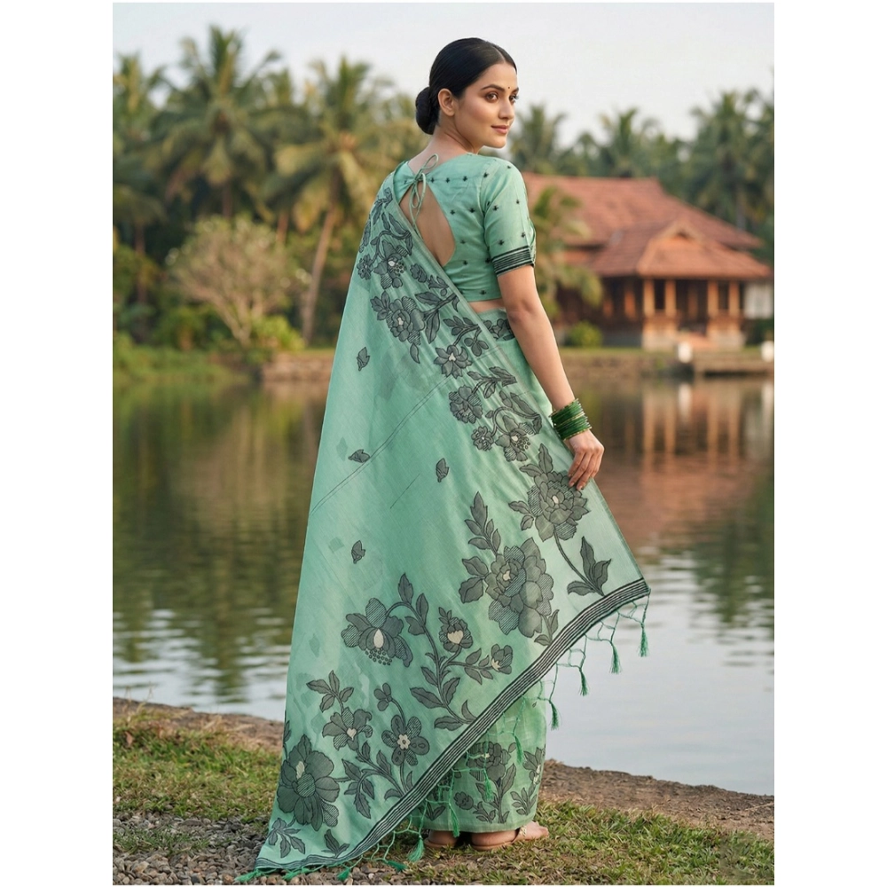 Generic Women's Linen Cotton Printed Saree With Unstitched Blouse 5.5Mtr (Rama Green) - Image 3
