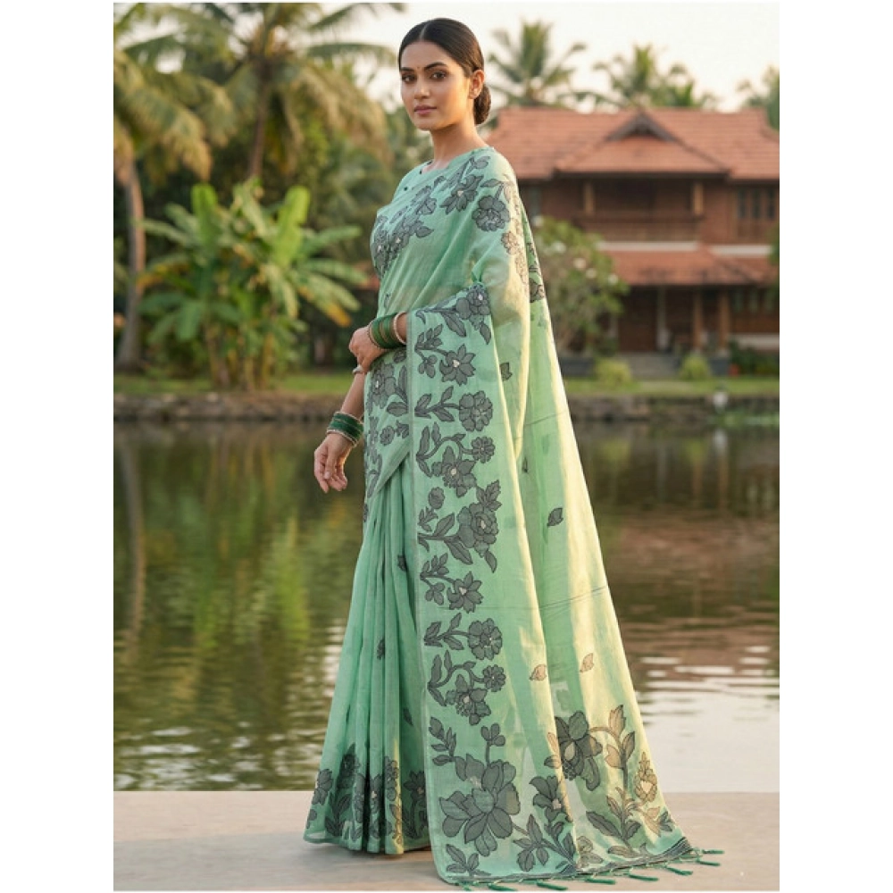 Generic Women's Linen Cotton Printed Saree With Unstitched Blouse 5.5Mtr (Rama Green) - Image 2