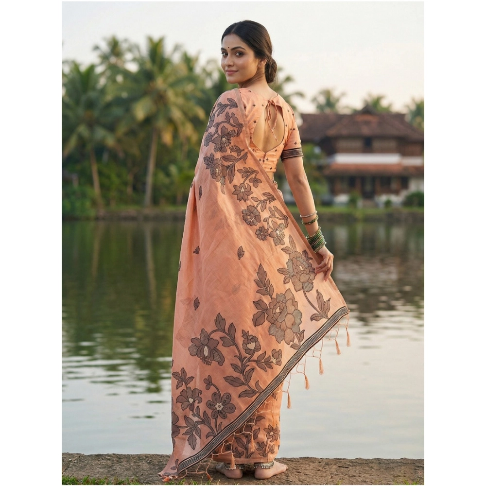 Generic Women's Linen Cotton Printed Saree With Unstitched Blouse 5.5Mtr (Orange) - Image 3