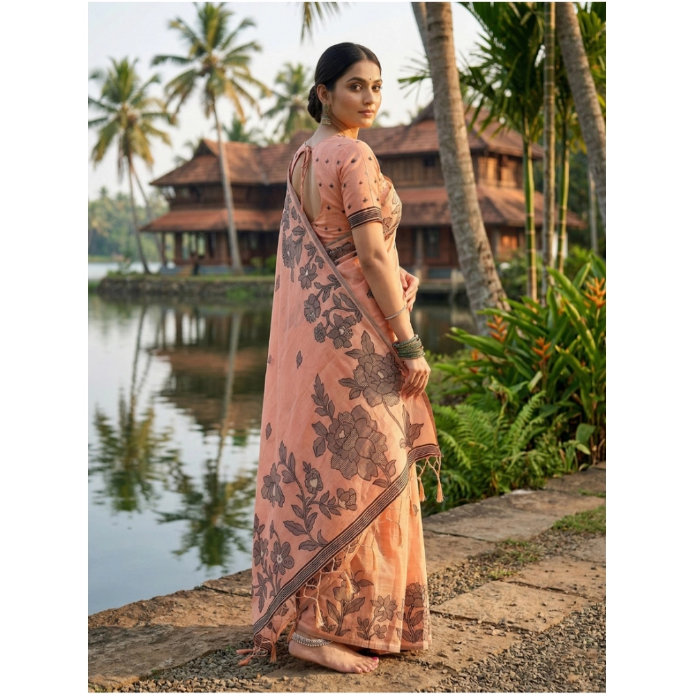 Generic Women's Linen Cotton Printed Saree With Unstitched Blouse 5.5Mtr (Orange) - Image 2