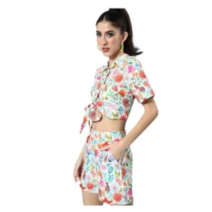 Generic Women's Polyester Floral Short Sleeve Co-Ord Set (Multicolor)