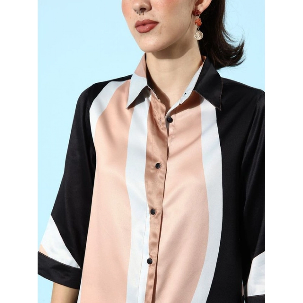 Generic Women's Satin Colour Block Long Sleeves Co-Ord Set (Beige - Black) - Image 5