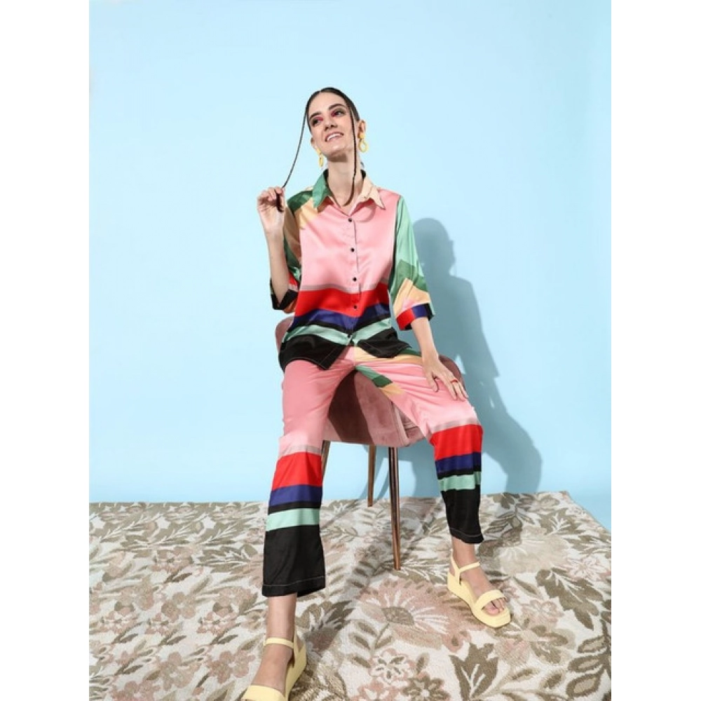 Generic Women's Satin Colour Block Long Sleeves Co-Ord Set (Multicolor) - Image 3