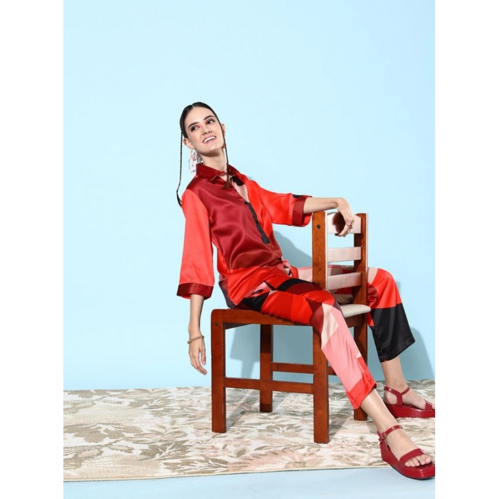 Generic Women's Satin Colour Block Long Sleeves Co-Ord Set (Multicolor) - Image 3