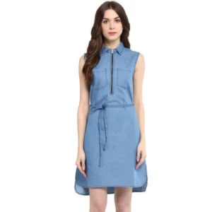 Generic Women's Denim Solid Sleeveless Dress (Blue)