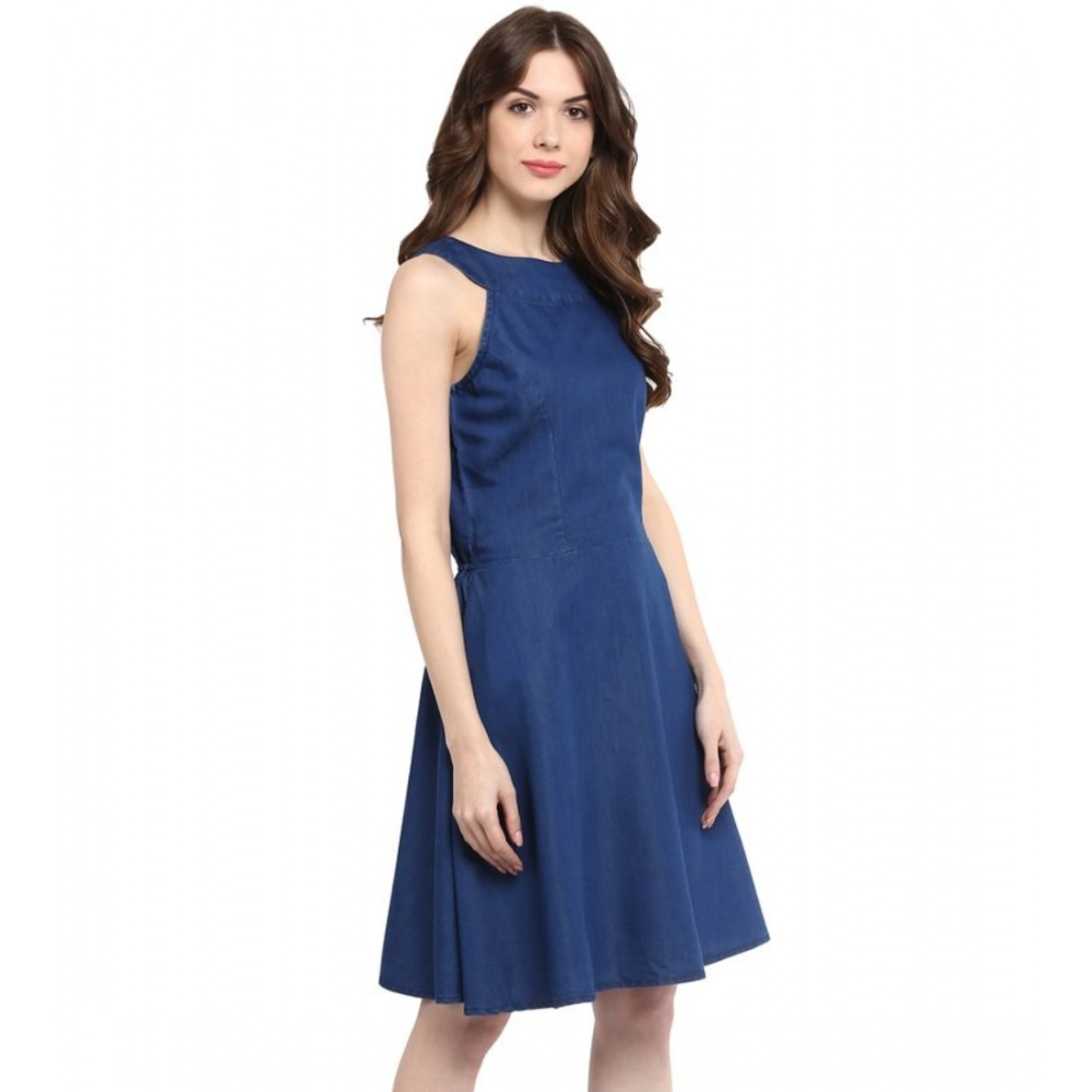 Generic Women's Denim Solid Sleeveless Dress (Blue) - Image 3