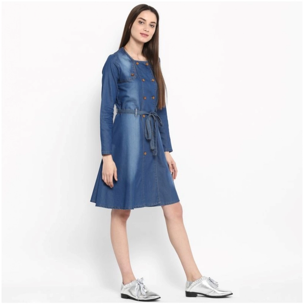 Generic Women's Denim Washed Regular Sleeves Dress (Blue) - Image 3