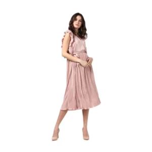Generic Women's Polyester Pleated Flutter Dress (Champagne Gold)