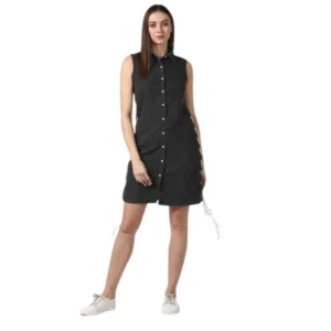 Generic Women's Denim Solid Sleeveless Dress (Black)