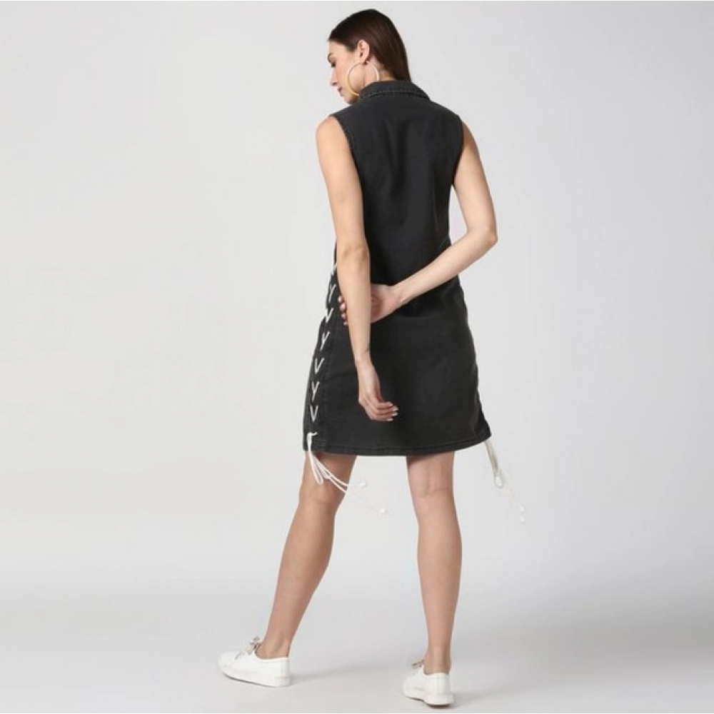 Generic Women's Denim Solid Sleeveless Dress (Black) - Image 5