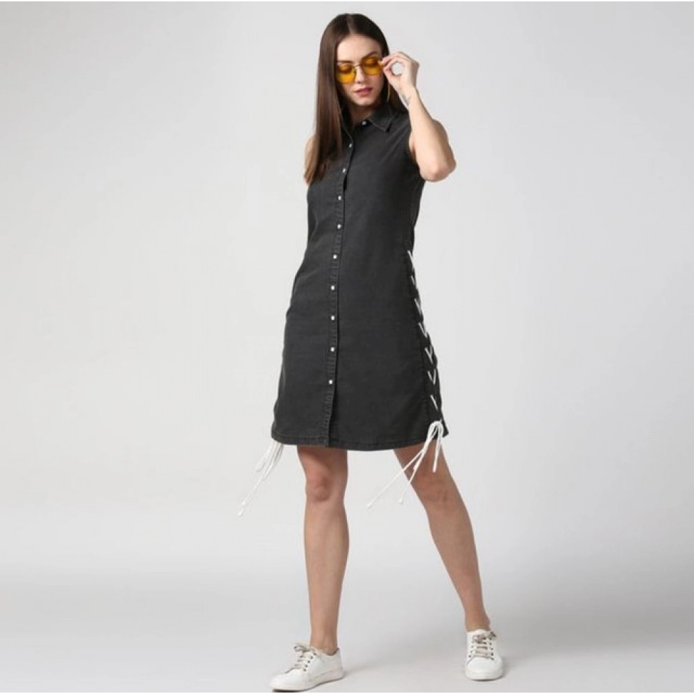 Generic Women's Denim Solid Sleeveless Dress (Black) - Image 4