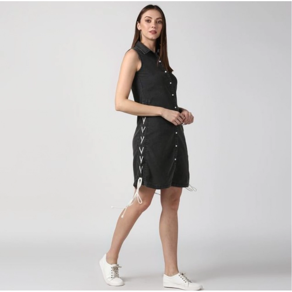 Generic Women's Denim Solid Sleeveless Dress (Black) - Image 3
