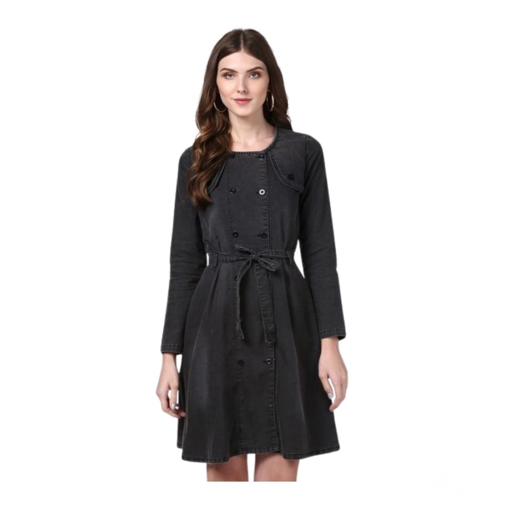 Generic Women's Denim Washed Long Sleeves Dress (Black)